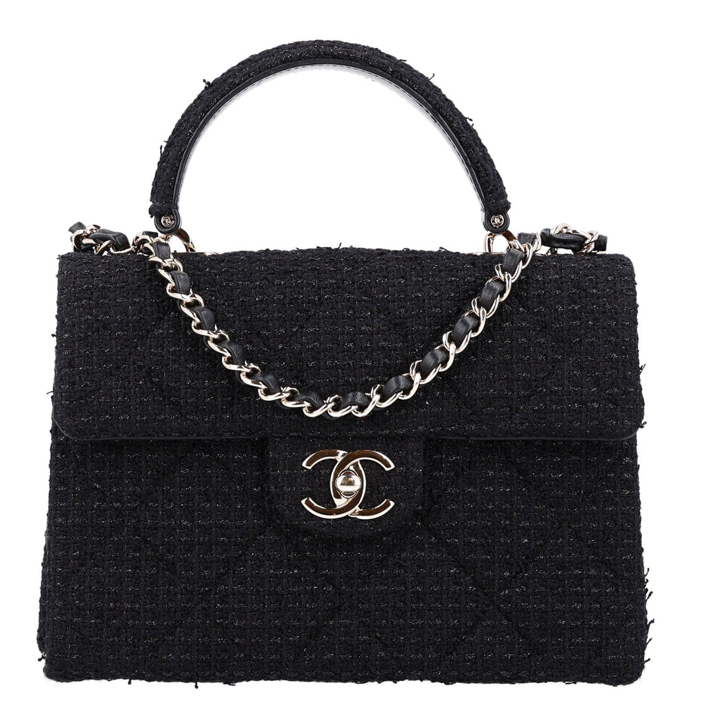 Tweed Quilted Medium Retro Twist Top Handle Flap  Black