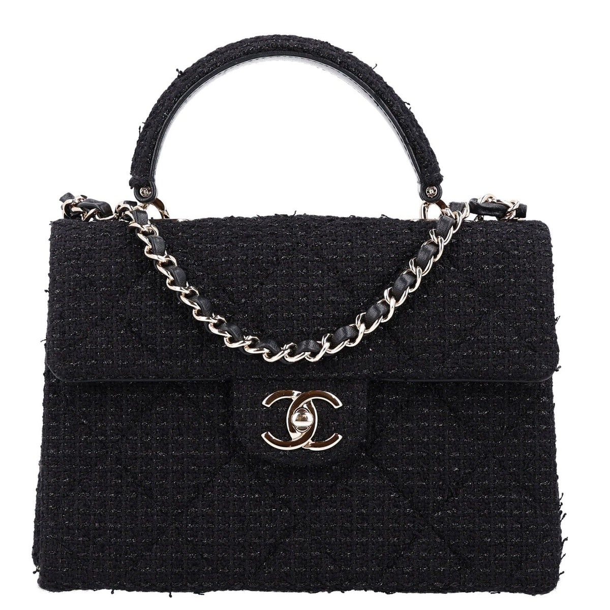Tweed Quilted Medium Retro Twist Top Handle Flap  Black