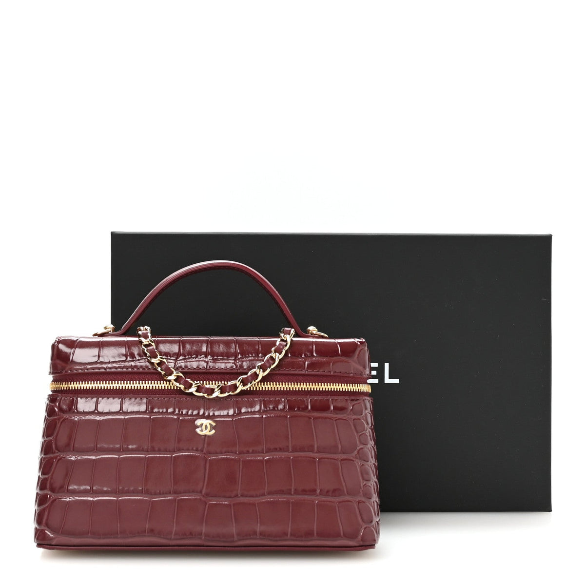 Calfskin Crocodile Embossed Crococo Exoticoco Vanity With Chain Dark Burgundy