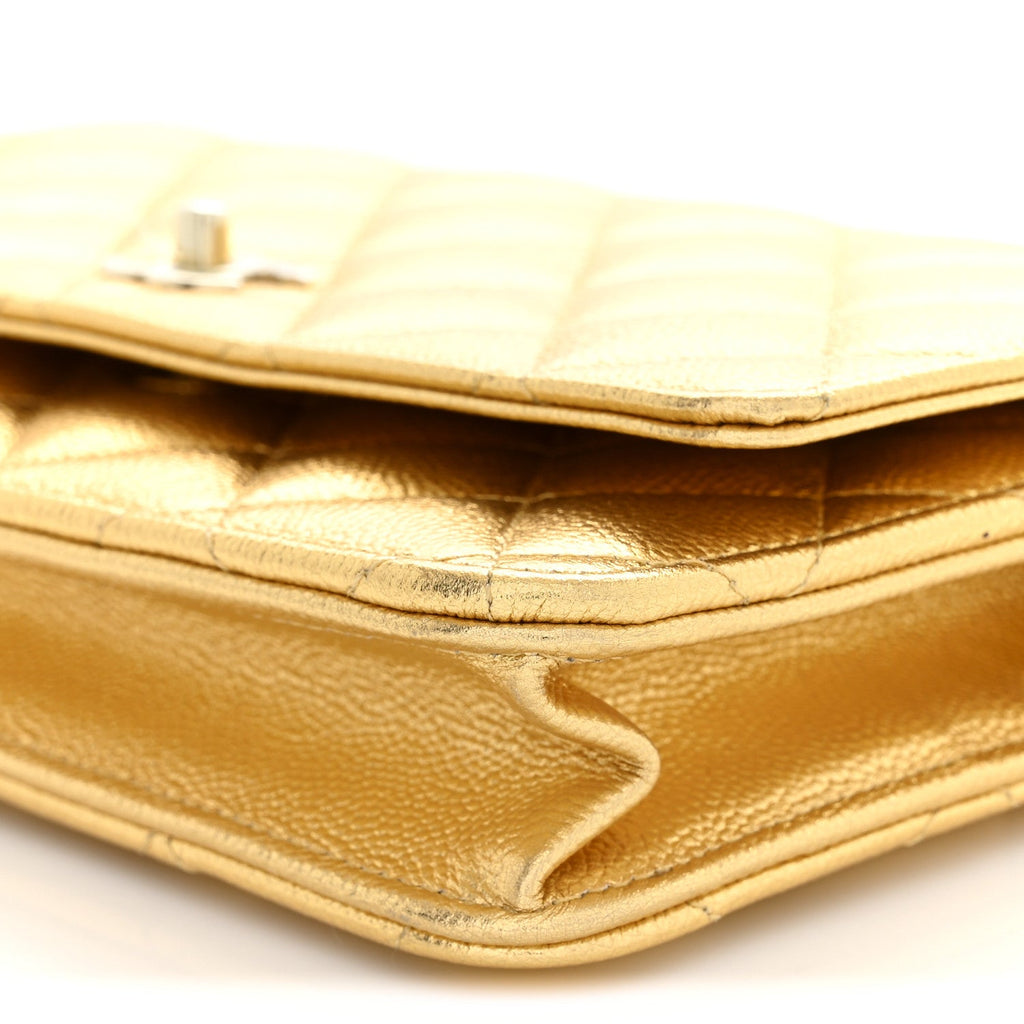 Metallic Caviar Quilted CC Turnlock Wallet On Chain WOC Gold