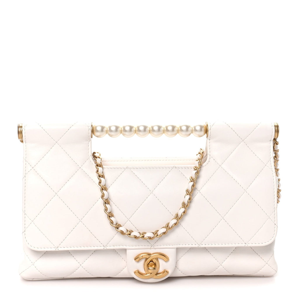 Shiny Lambskin Pearl Top Handle Flap Shopping Bag White