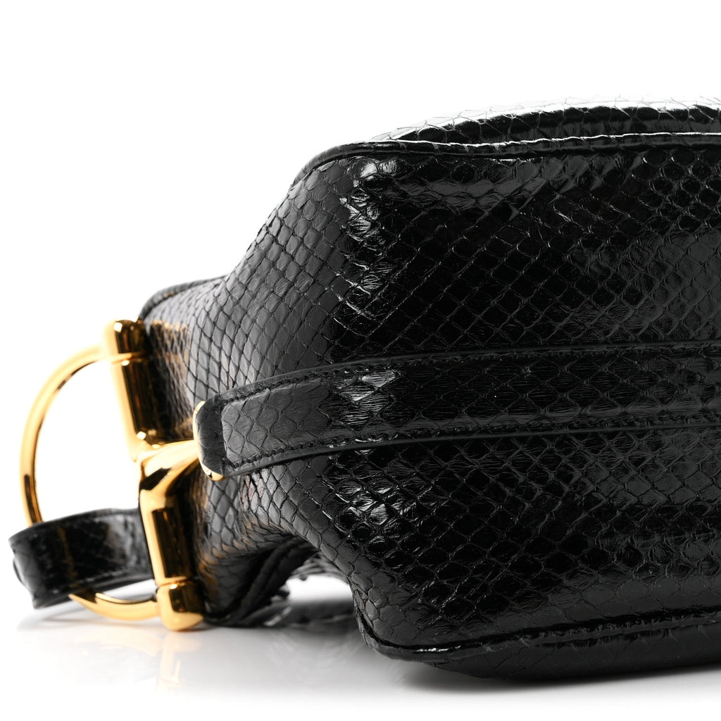 Snakeskin Half Horsebit Medium Shoulder Bag Black
