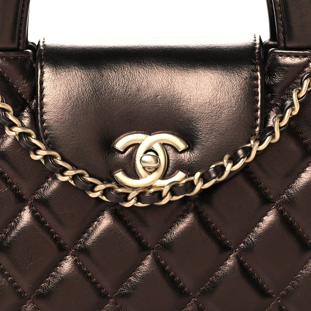 Metallic Aged Calfskin Quilted Nano Kelly Shopper Dark Brown