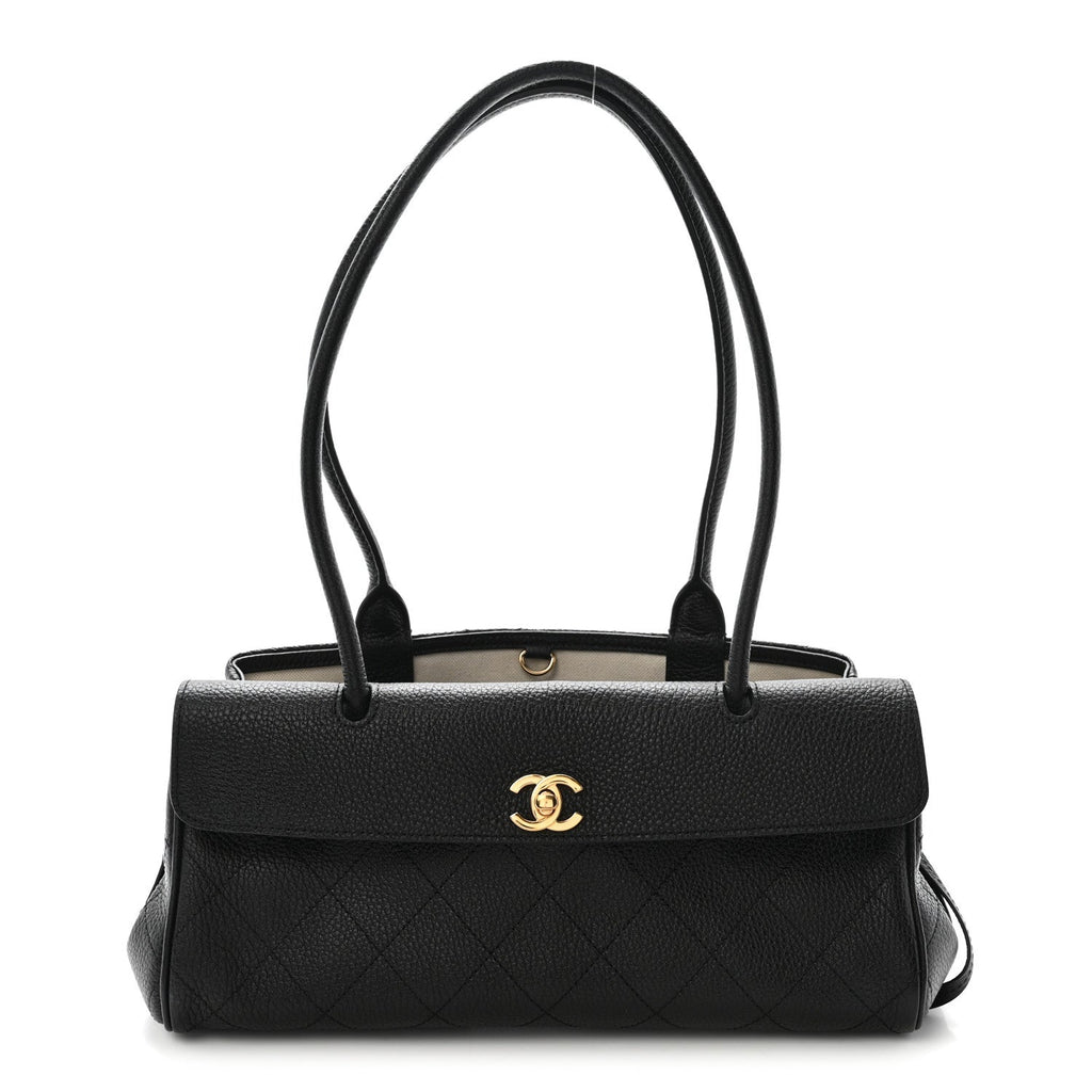 Grained Calfskin Stitched Urban Essentials Small Shopping Bag Black