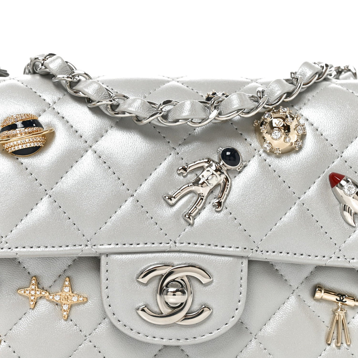 Metallic Lambskin Quilted Space Charms Mini Rectangular Flap Silver
