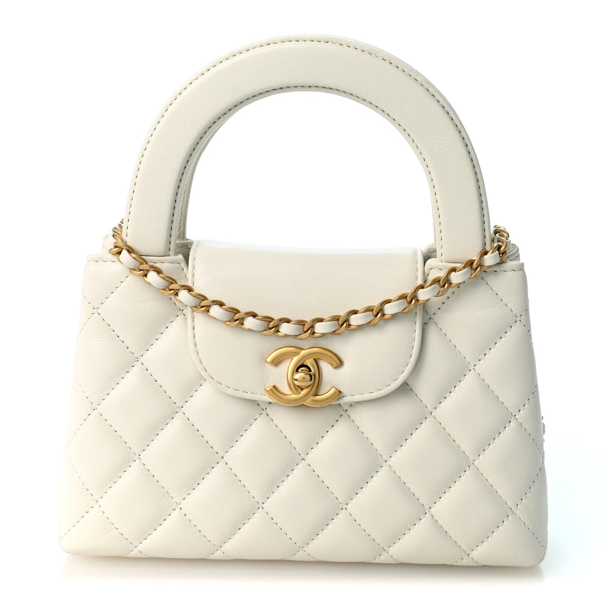 Shiny Aged Calfskin Quilted Nano Kelly Shopper White