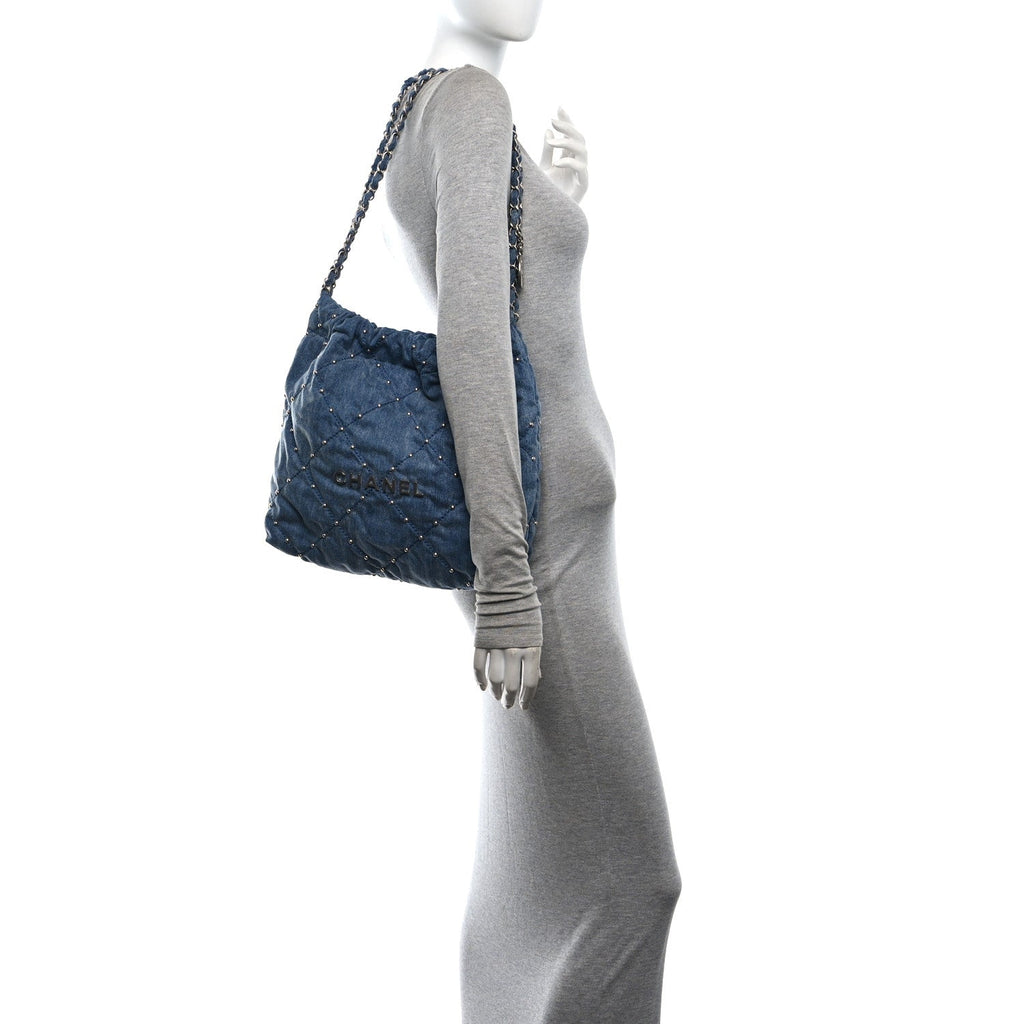 Washed Denim Quilted Studded Small Chanel 22 Blue