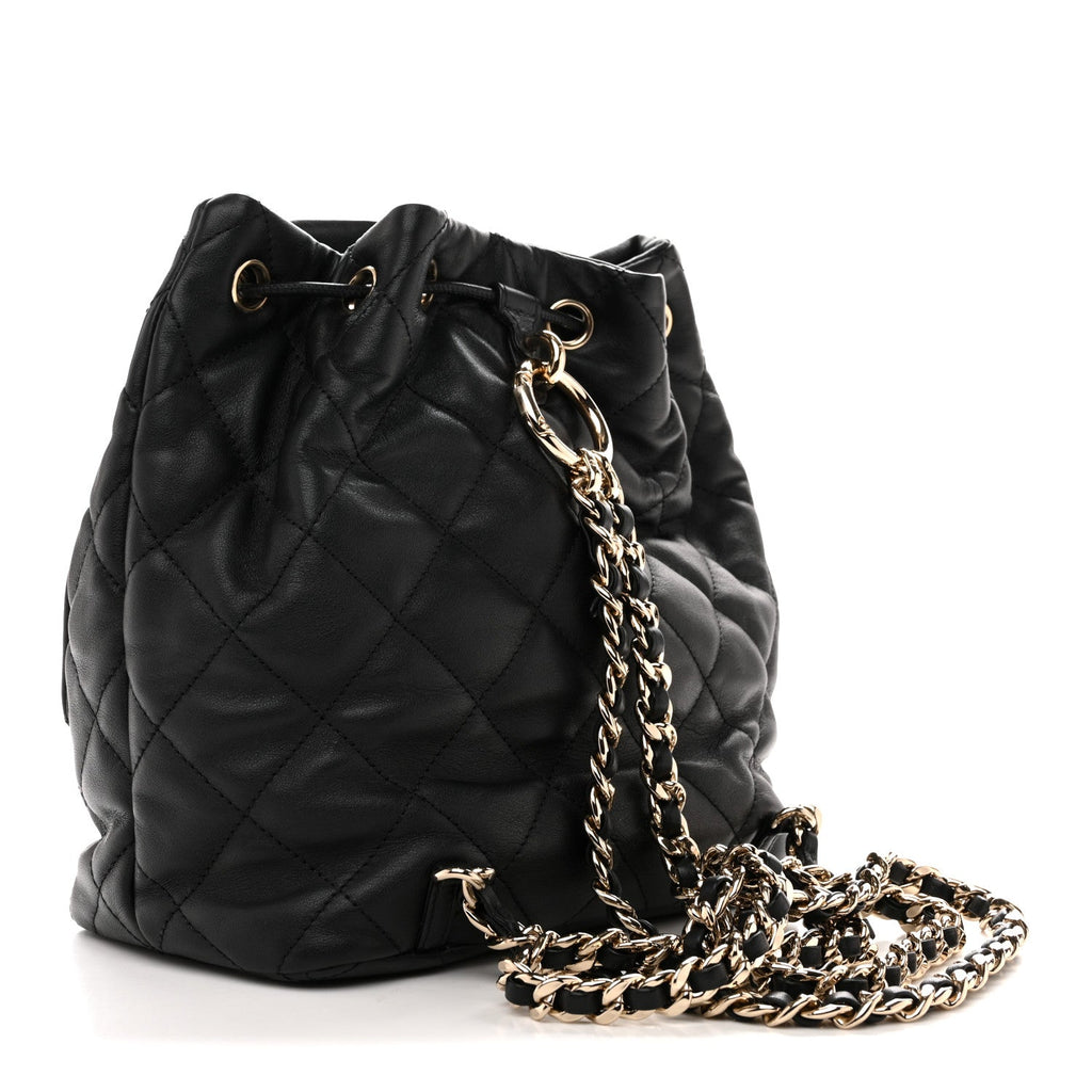 Calfskin Quilted Double Pocket Drawstring Backpack Black