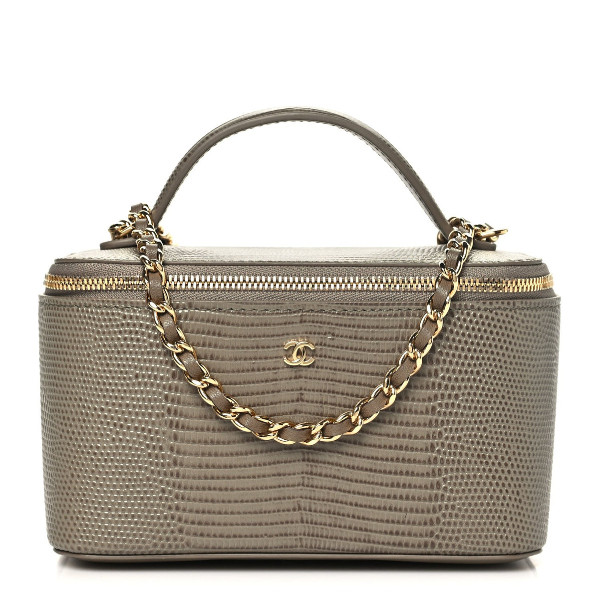Calfskin Lizard Embossed Top Handle Vanity With Chain  Dark Khaki