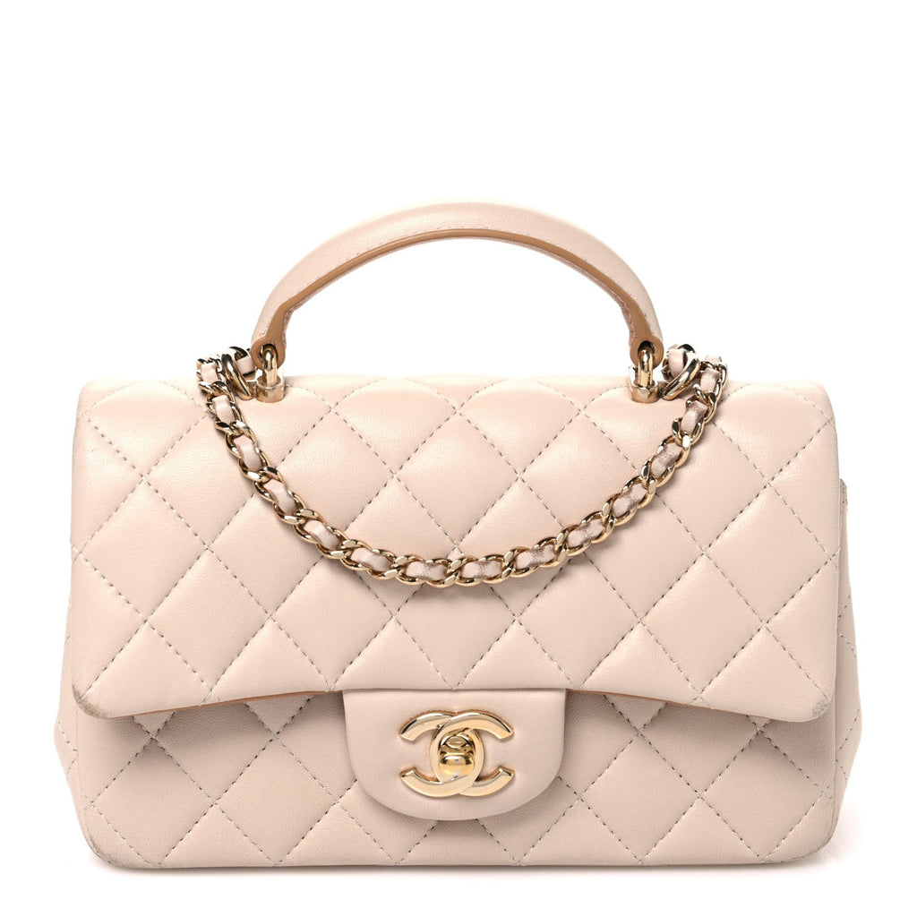 Lambskin Quilted Bi-Color Mini Top Handle Rectangular Flap Ecru Dark Beige