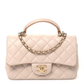 Lambskin Quilted Bi-Color Mini Top Handle Rectangular Flap Ecru Dark Beige