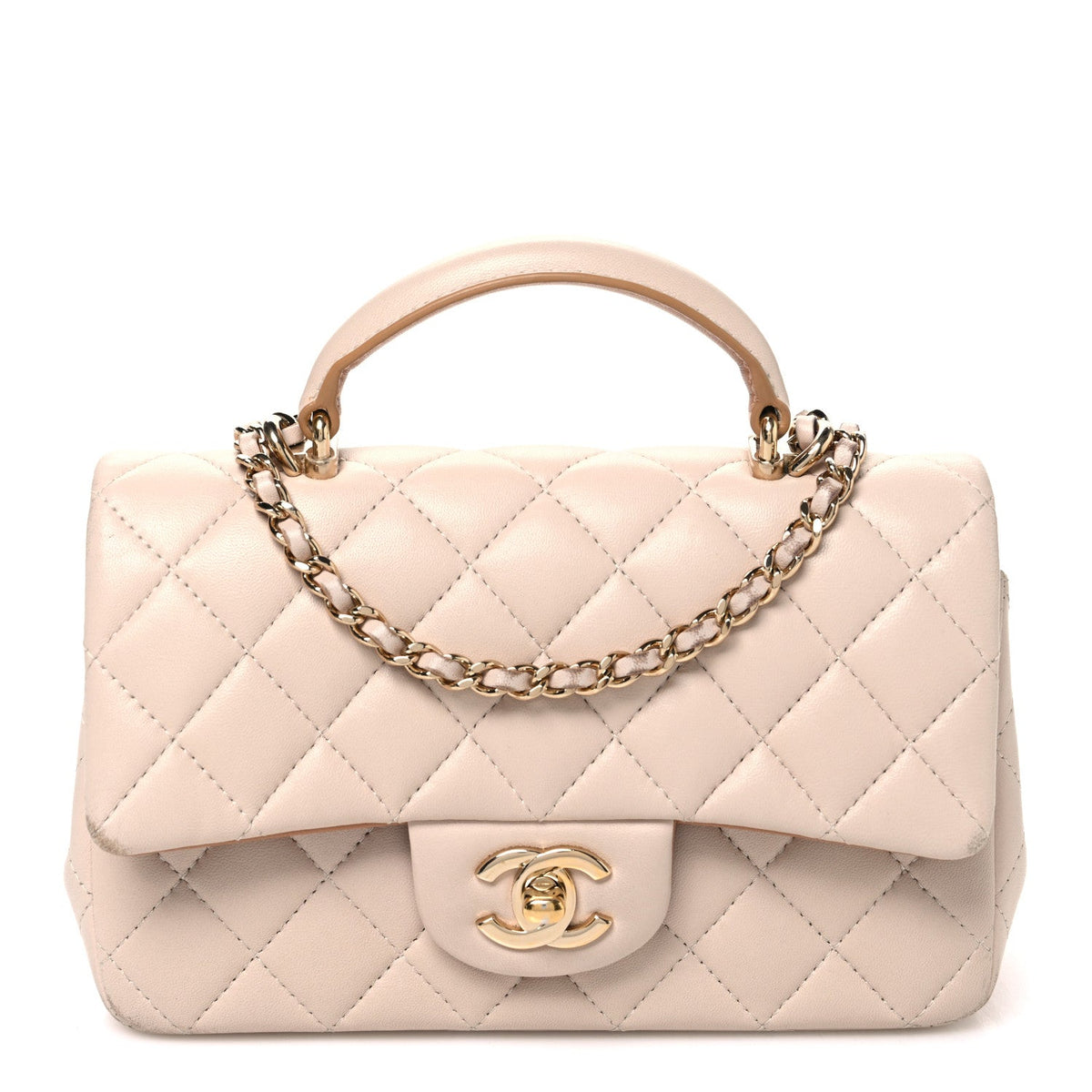 Lambskin Quilted Bi-Color Mini Top Handle Rectangular Flap Ecru Dark Beige