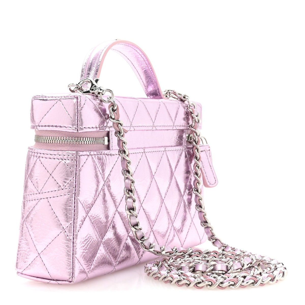 Metallic Calfskin Quilted Slim Vanity With Chain Pink