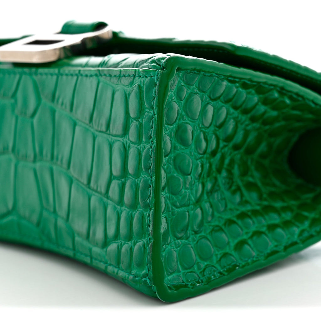 Shiny Calfskin Crocodile Embossed Hourglass Top Handle Bag XS Jade