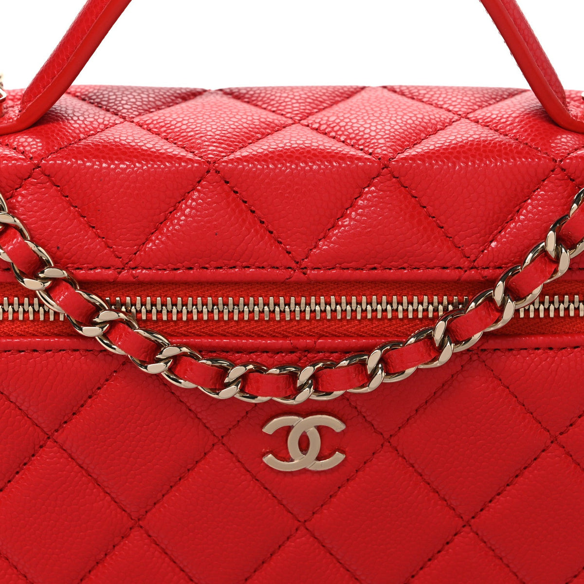 Caviar Quilted Top Handle Slim Vanity With Chain Red