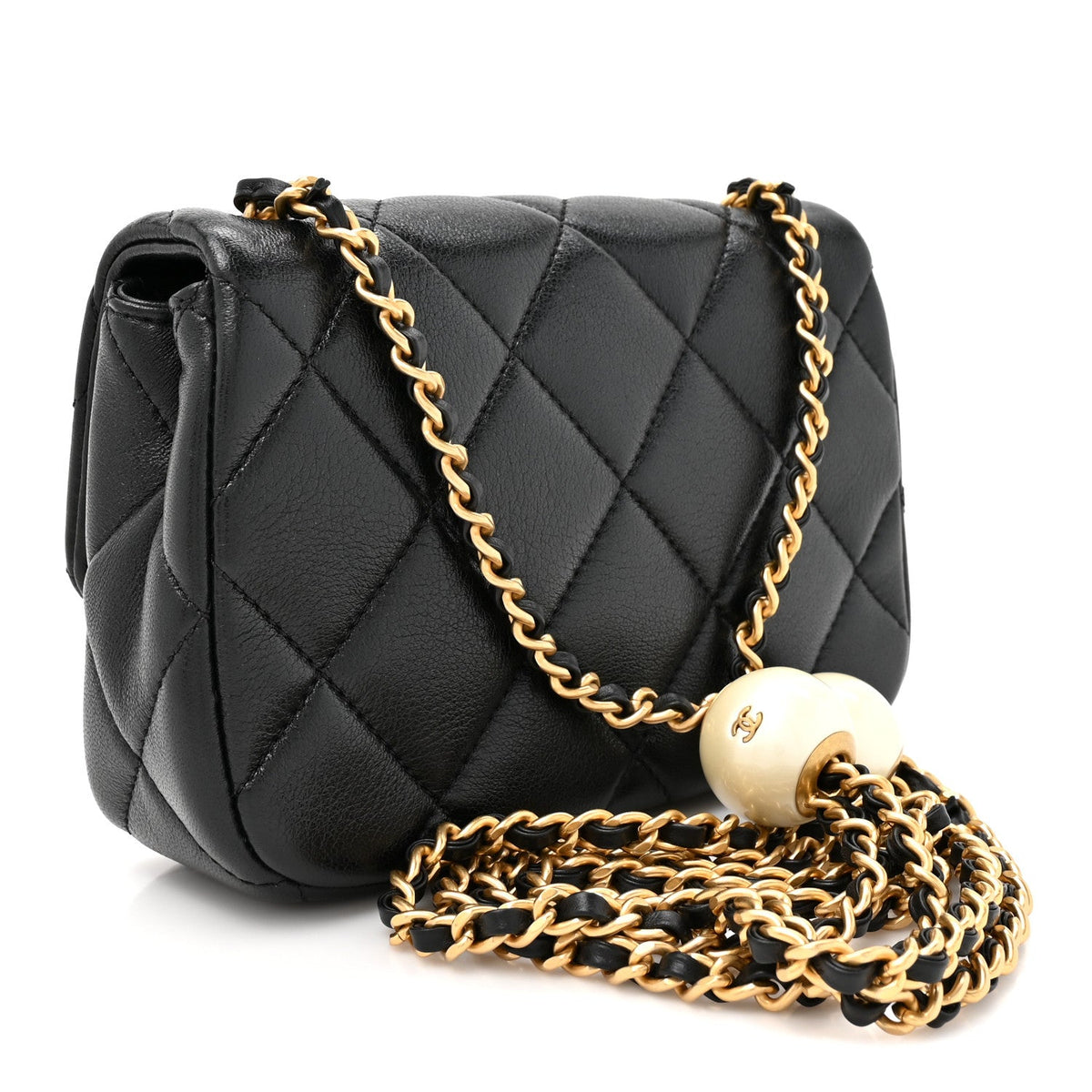 Lambskin Quilted Pearl Mini Flap Black Black