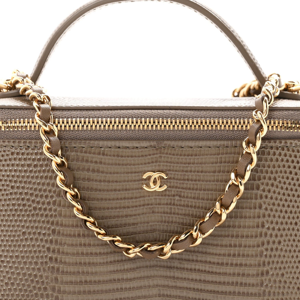 Calfskin Lizard Embossed Top Handle Vanity With Chain Dark Khaki