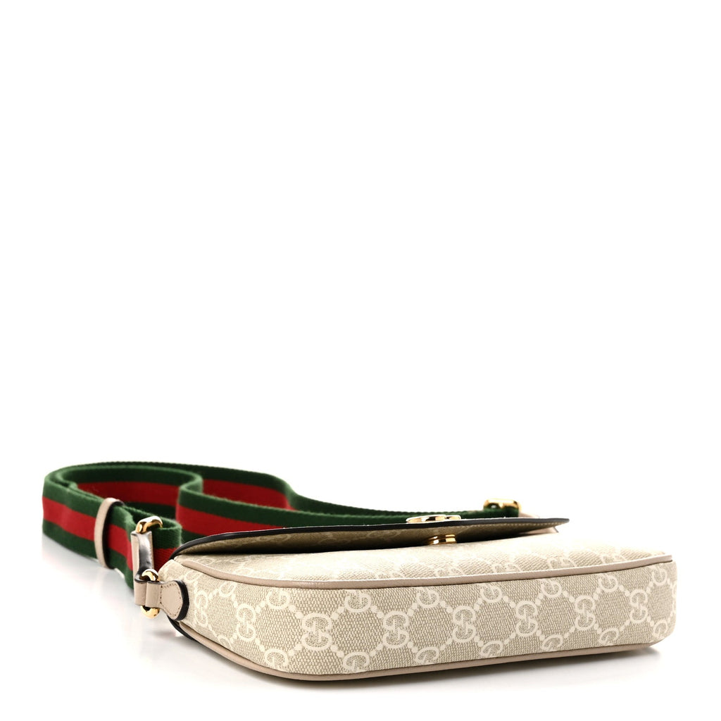 GG Supreme Monogram Textured Dollar Calfskin Web Mini Ophidia Envelope Shoulder Bag Beige Mystic White Oatmeal
