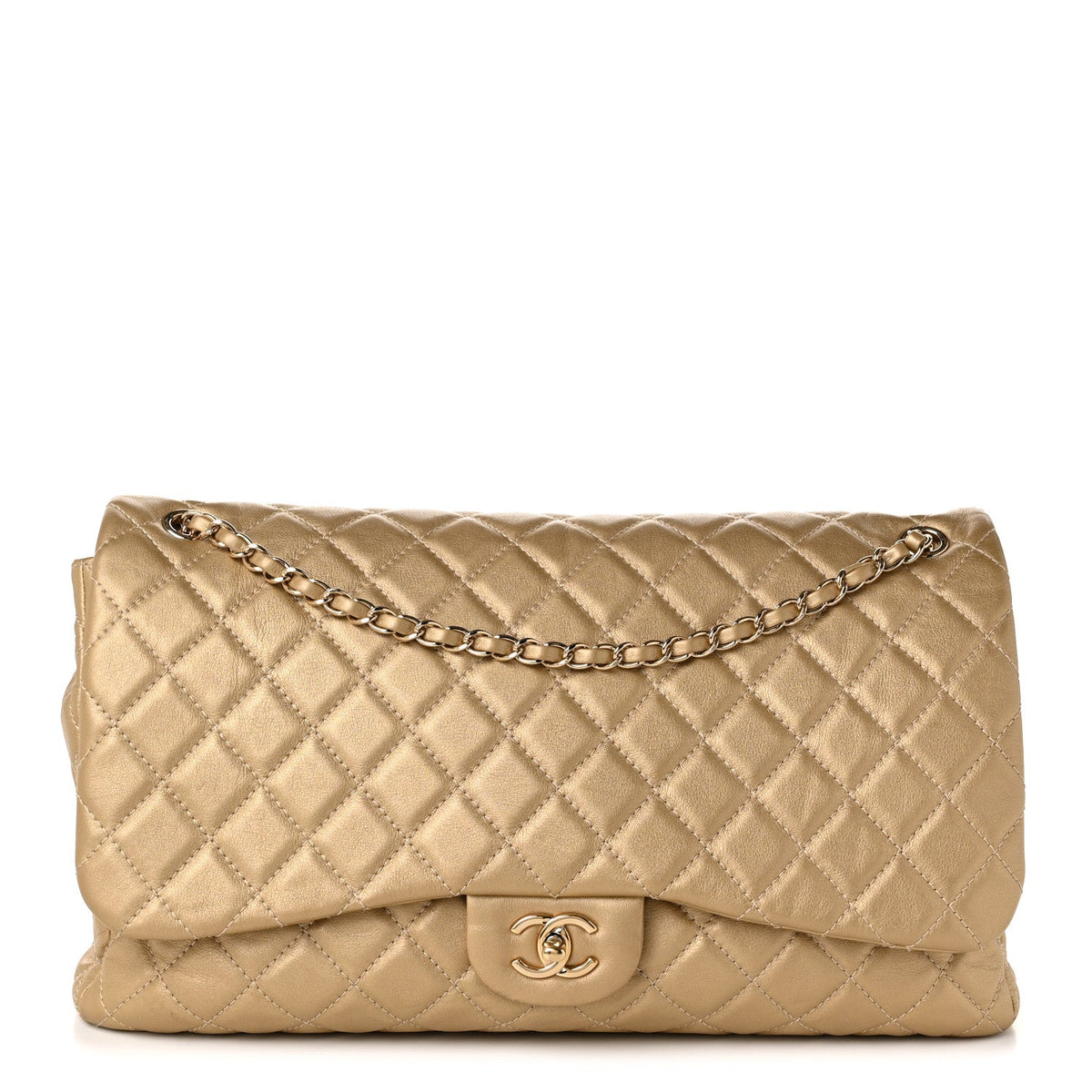 Metallic Calfskin Quilted Small XXL Travel Flap Bag Gold