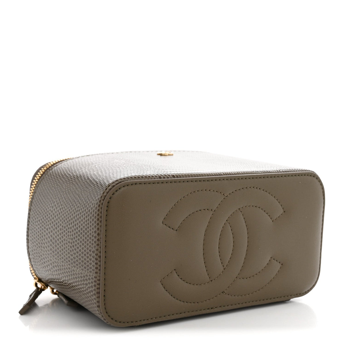 Calfskin Lizard Embossed Top Handle Vanity With Chain Dark Khaki