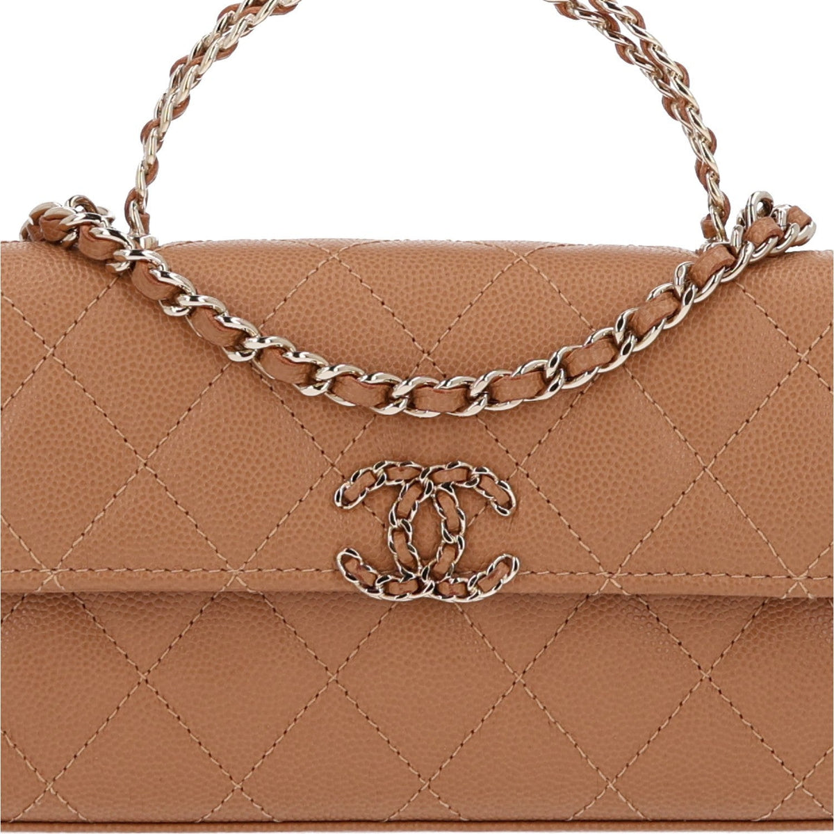 Caviar Quilted Chain Match Top Handle Phone Holder With Chain Beige