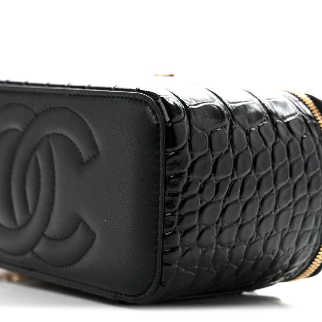 Calfskin Crocodile Embossed Crococo Small Top Handle Vanity Case With Chain Black