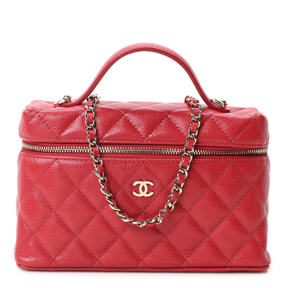 Caviar Quilted Top Handle Slim Vanity With Chain Red