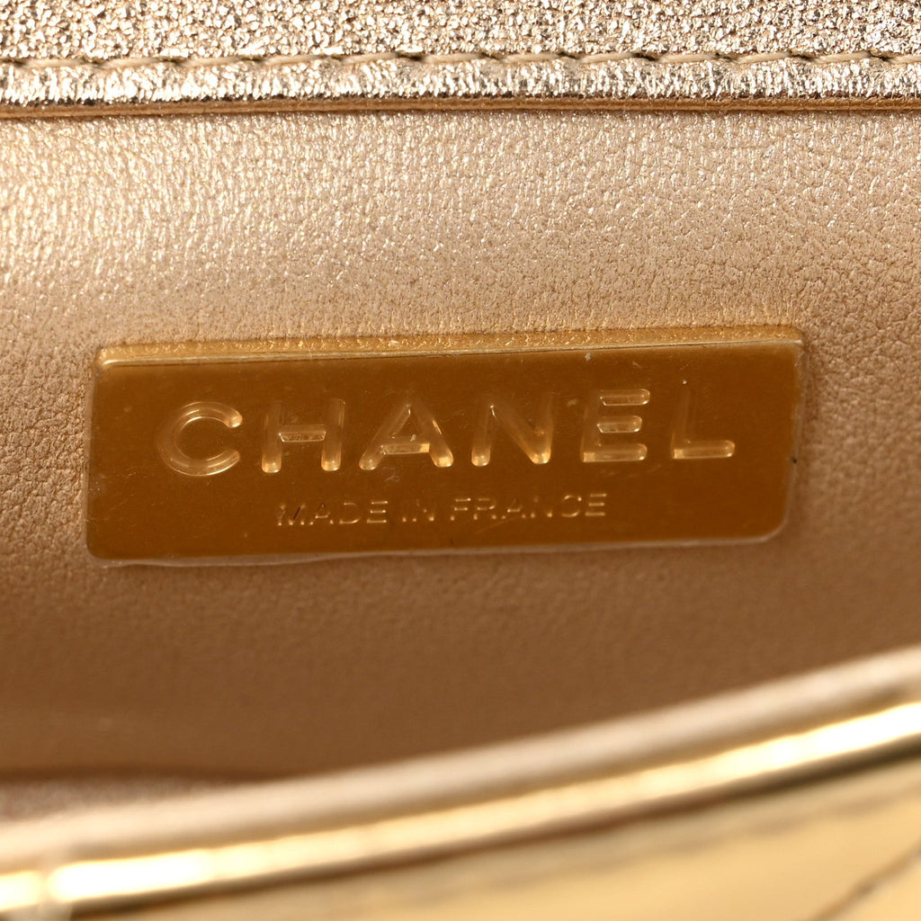 Mirror Metallic Calfskin Quilted Mini Top Handle Flap Gold