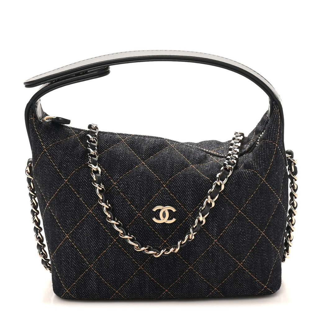 Denim Quilted Hobo Clutch With Chain Dark Blue Orange