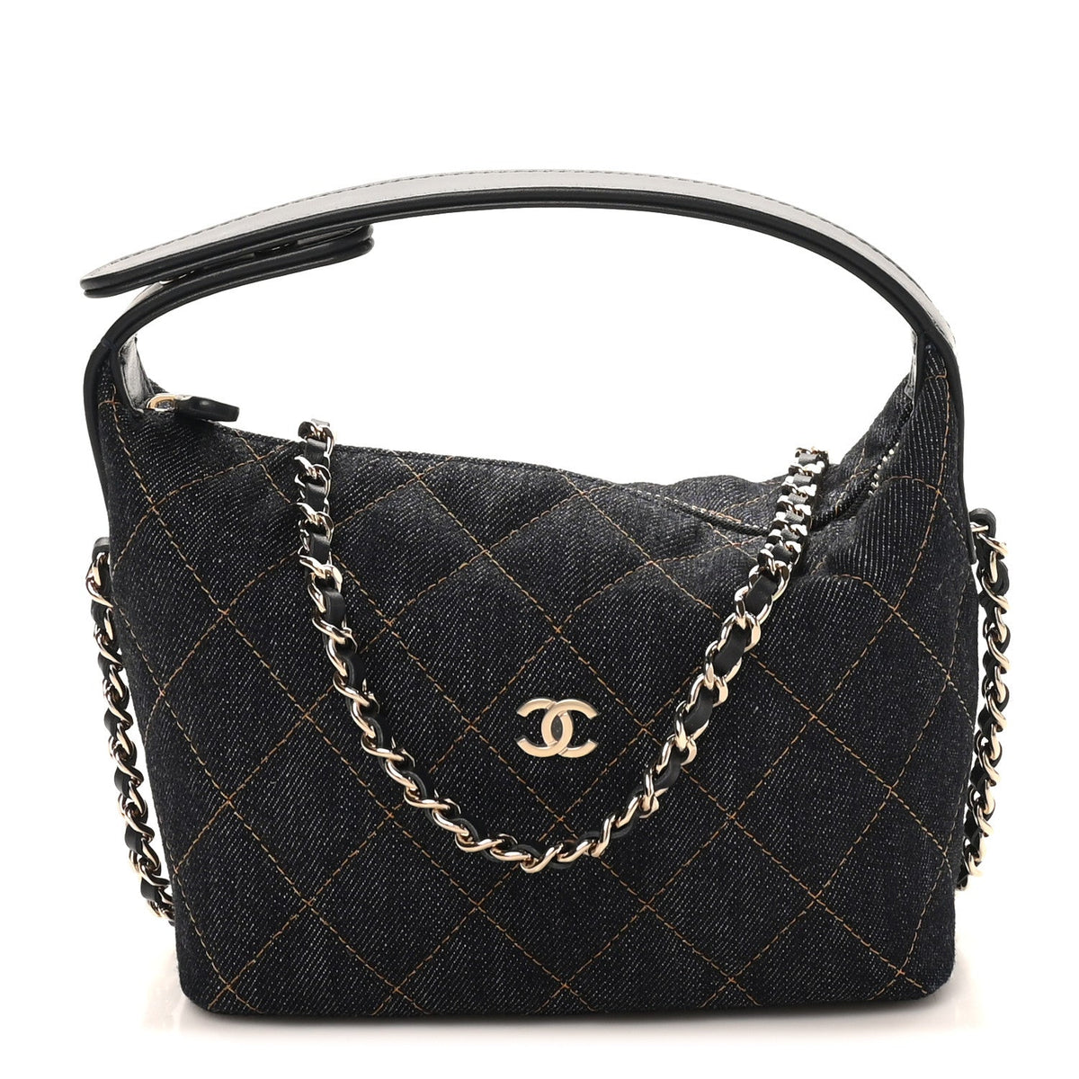 Denim Quilted Hobo Clutch With Chain Dark Blue Orange