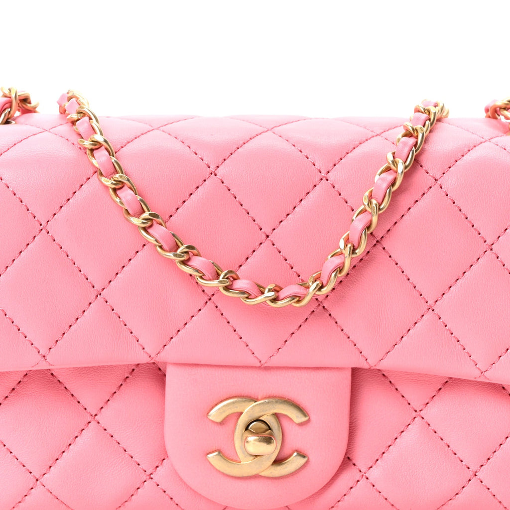 Lambskin Quilted Mini Rectangular Pearl Crush Flap Pink