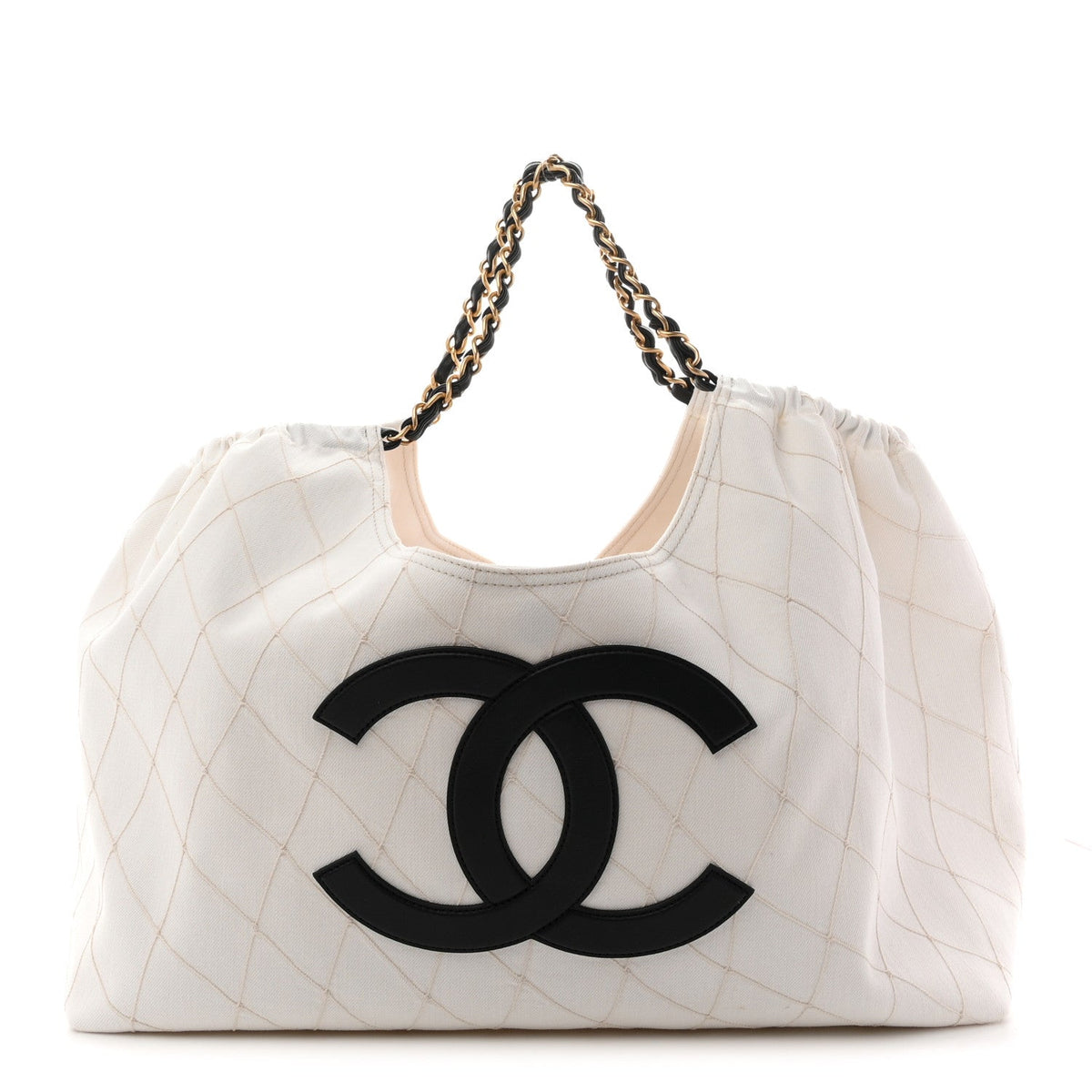 Denim Calfskin Quilted Coco Beach Small Shopping Tote White Black