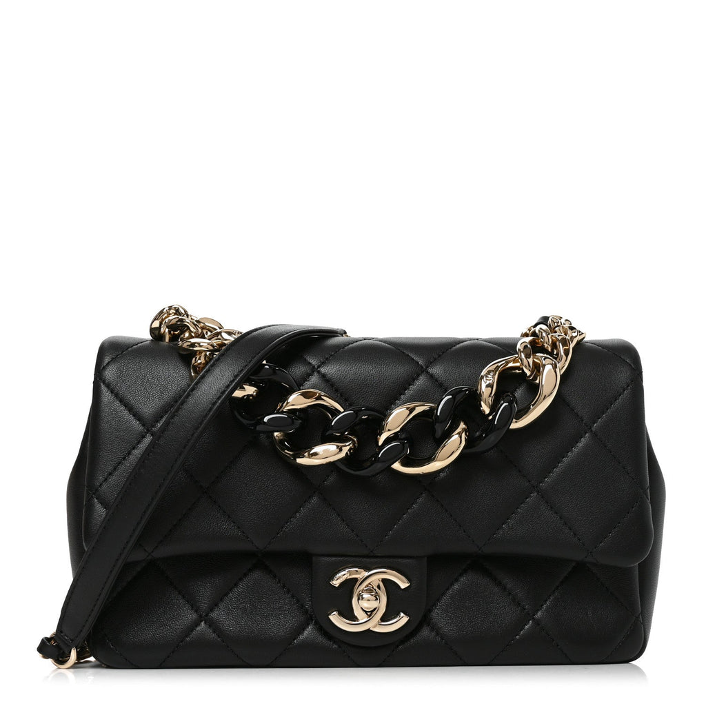 Lambskin Quilted Resin Bi-Color Chain Flap Bag Black