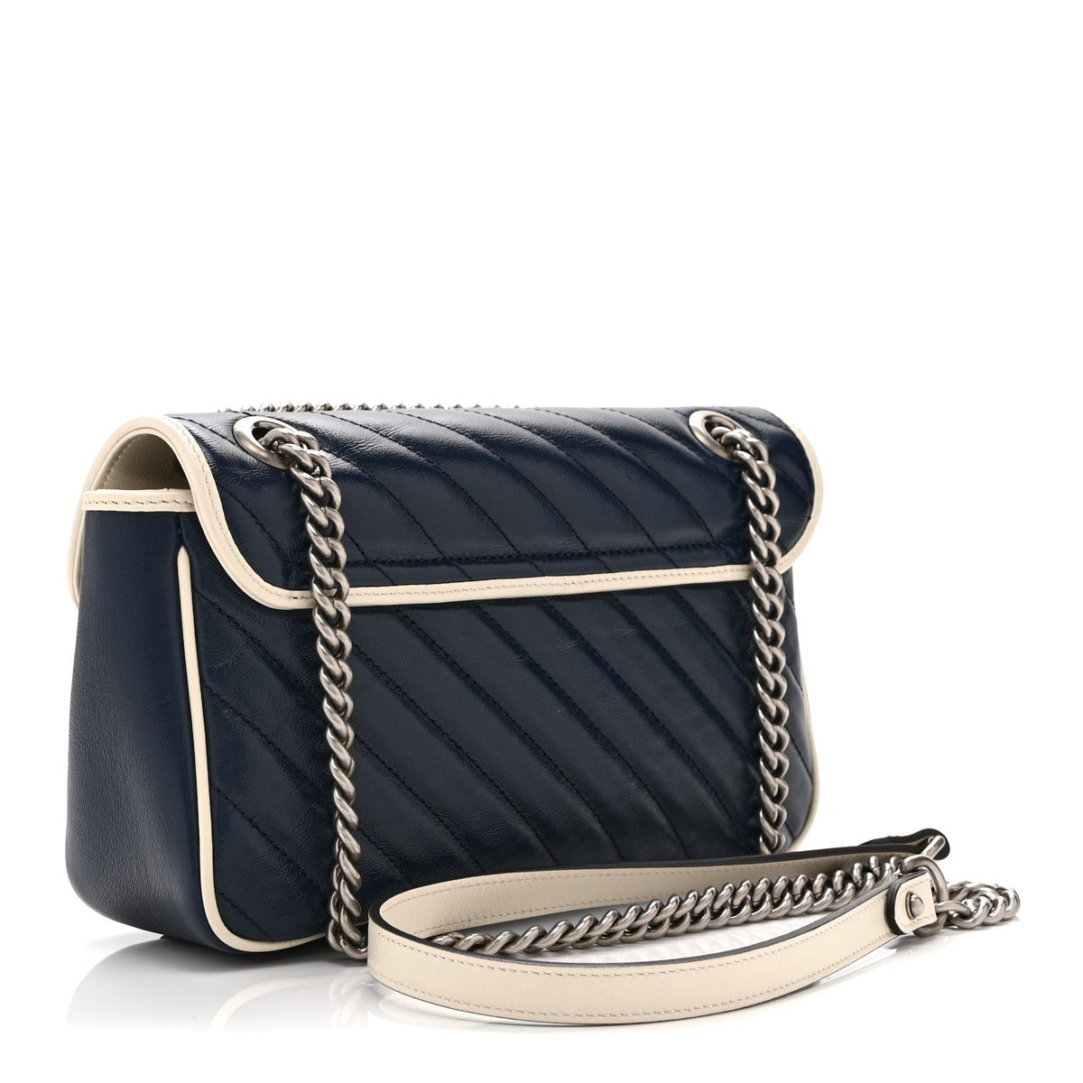 Vintage Effect Calfskin Matelasse Diagonal Small Torchon GG Marmont Shoulder Bag Blue Agata Mystic White