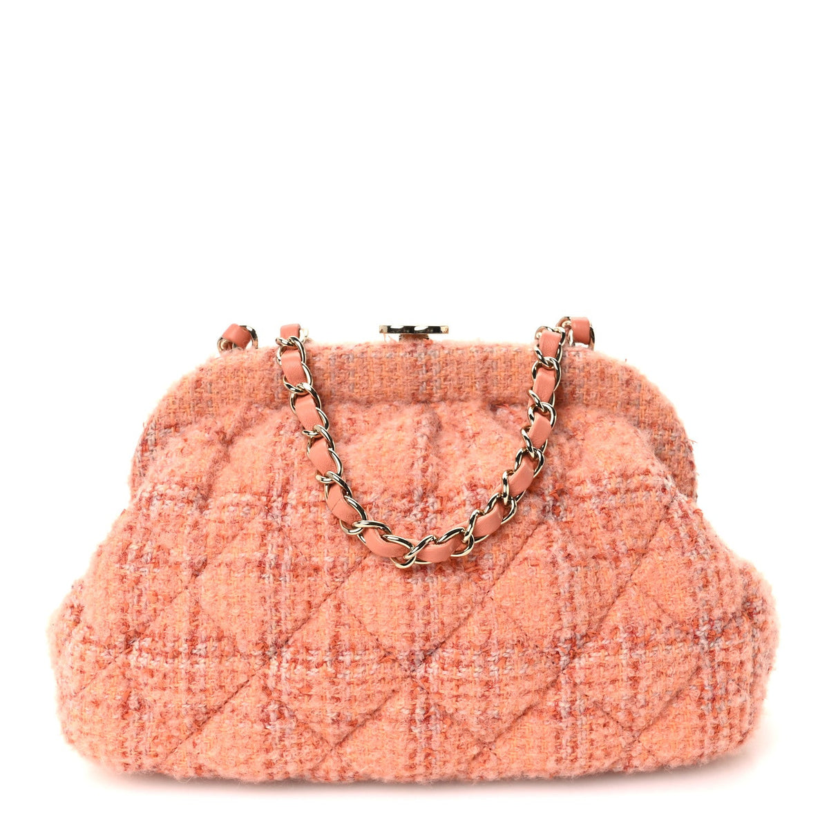 Wool Tweed Quilted CC Kisslock Clutch Coral Pink