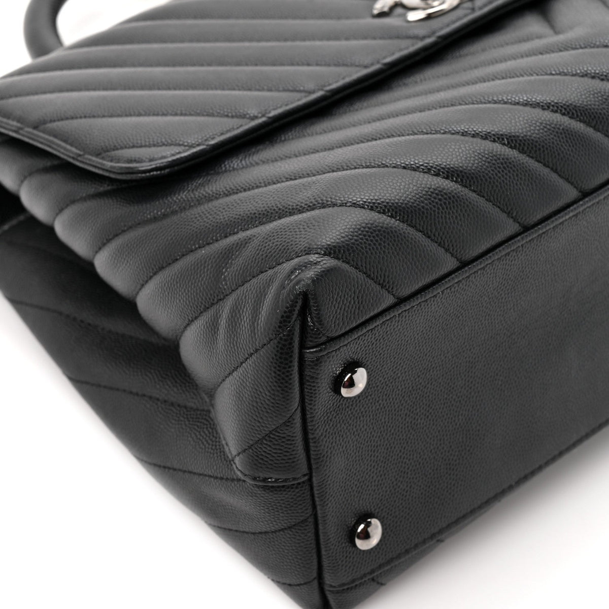 Caviar Chevron Quilted Medium Coco Handle Flap Black