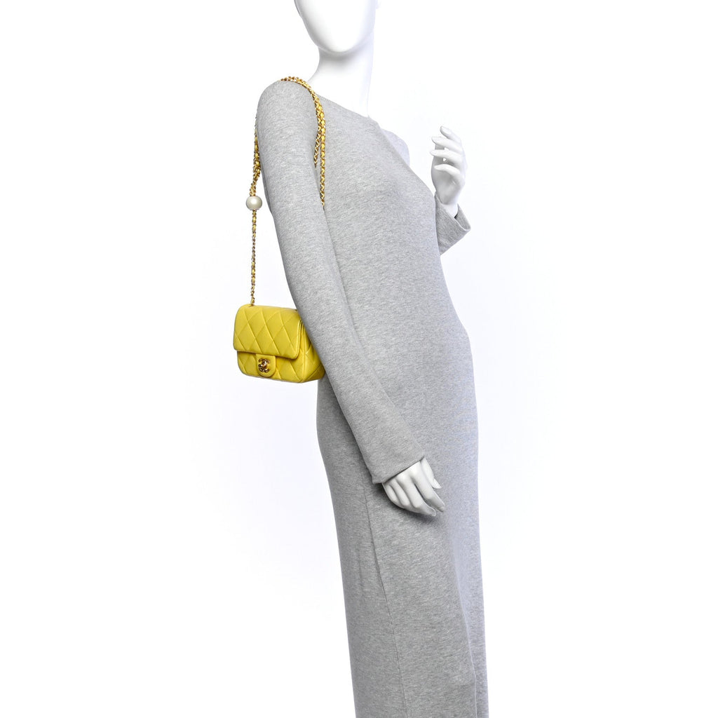Pearly Lambskin Pearl Quilted Mini Flap Yellow