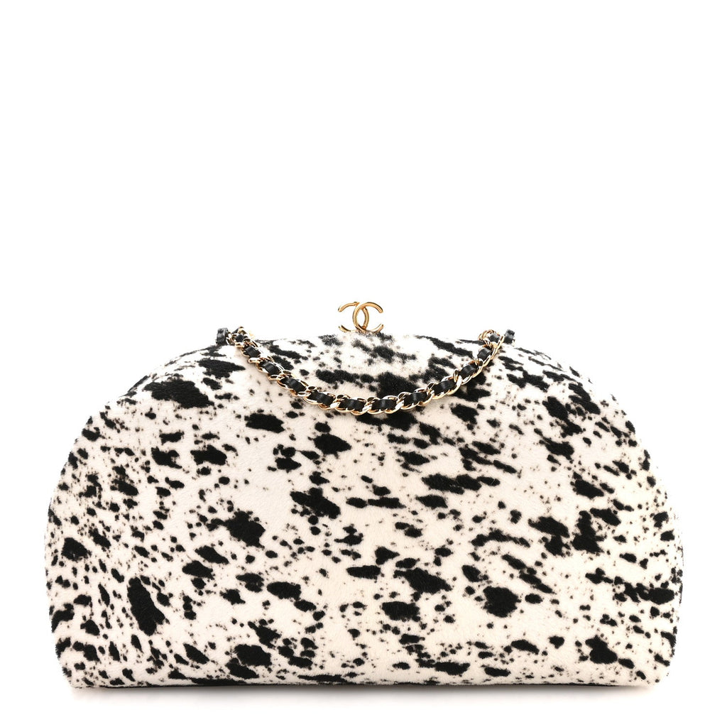 Lambskin Pony Hair Printed Clutch With Chain Black White