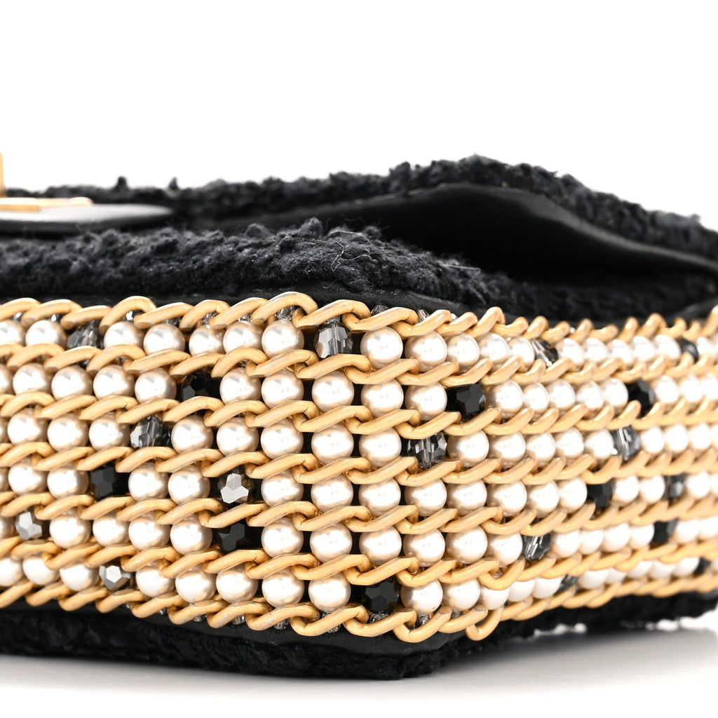 Tweed Quilted Mini Side Pearl Flap Bag Black