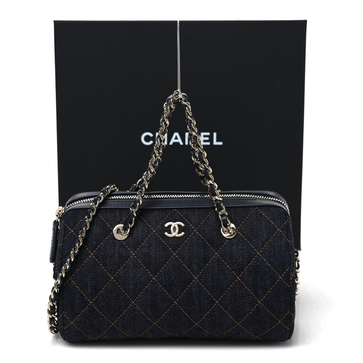 Denim Quilted Barrel Clutch With Chain Dark Blue Orange