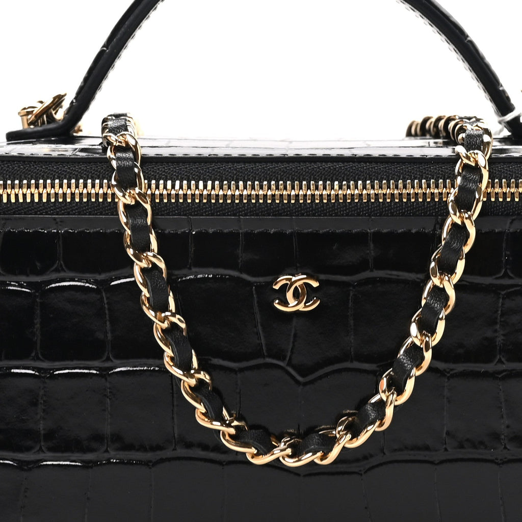 Calfskin Crocodile Embossed Crococo Small Top Handle Vanity Case With Chain Black
