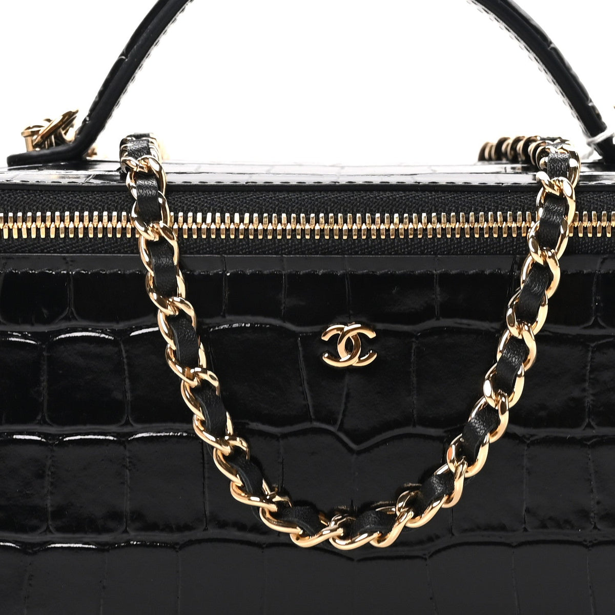 Calfskin Crocodile Embossed Crococo Small Top Handle Vanity Case With Chain Black