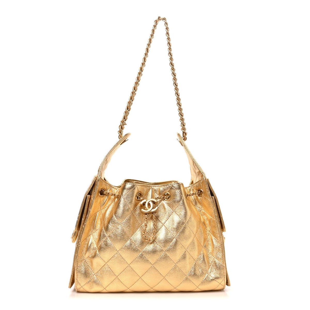 Metallic Caviar Quilted Small Chanel 25 Handbag Gold