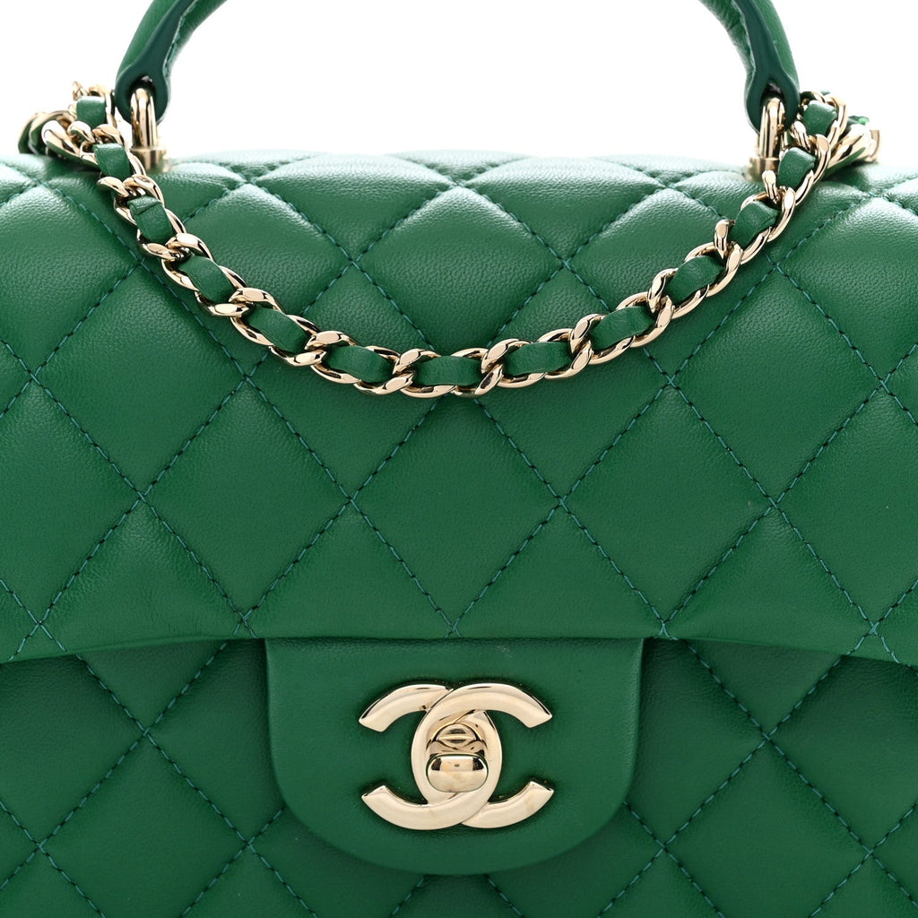 Lambskin Quilted Mini Top Handle Rectangular Flap Green