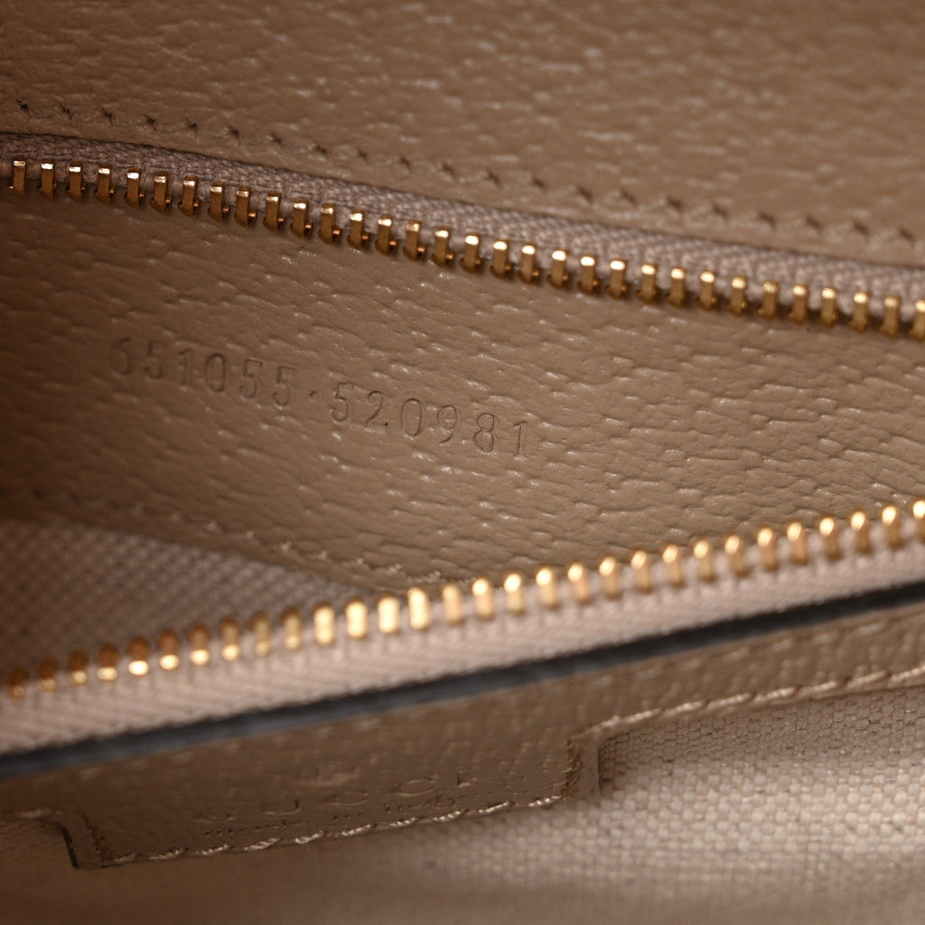 GG Supreme Monogram Textured Dollar Calfskin Web Small Ophidia Padlock Top Handle Bag Beige Mystic White Oatmeal