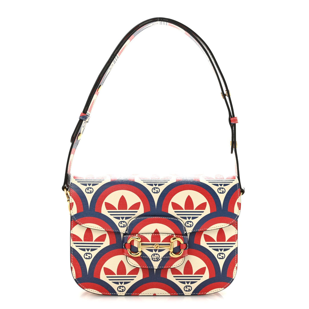 X ADIDAS Shangai Calfskin Web Trefoil Interlocking G Small Horsebit 1955 Shoulder Bag Red White Blue
