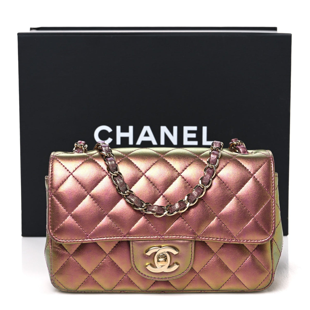 Iridescent Lambskin Quilted Mini Rectangular Flap Purple