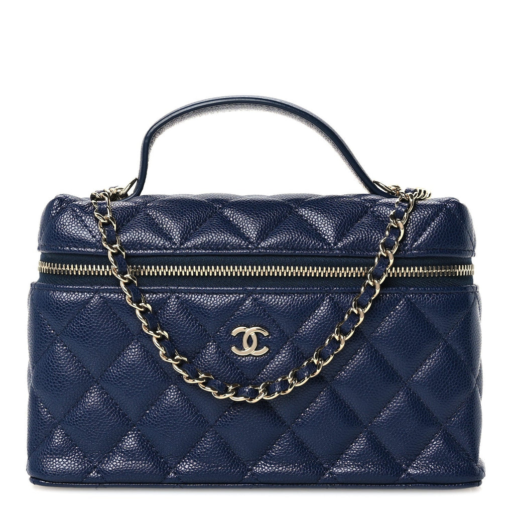 Caviar Quilted Top Handle Slim Vanity With Chain Navy