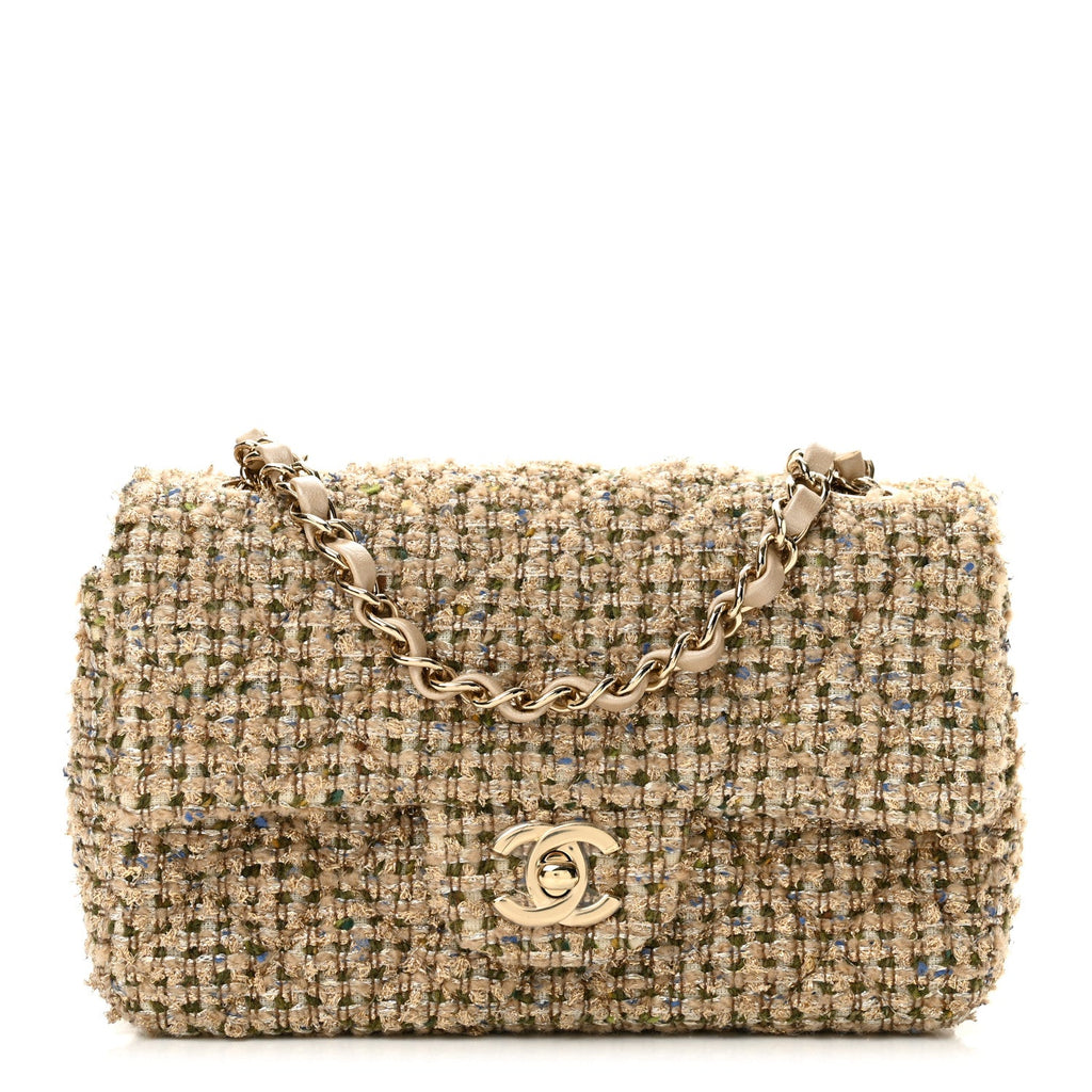 Tweed Quilted Mini Rectangular Flap Beige