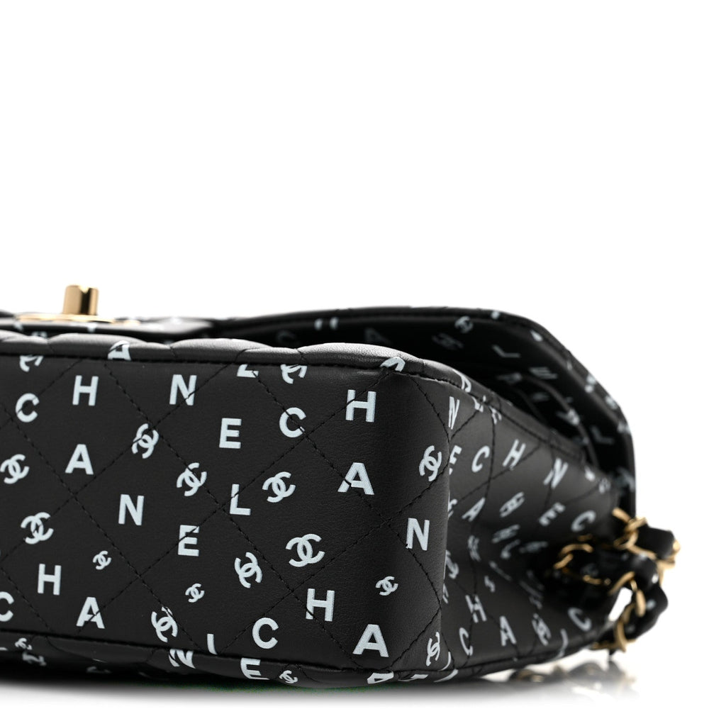 Calfskin Quilted Logo CC Printed Small Double Flap Black White